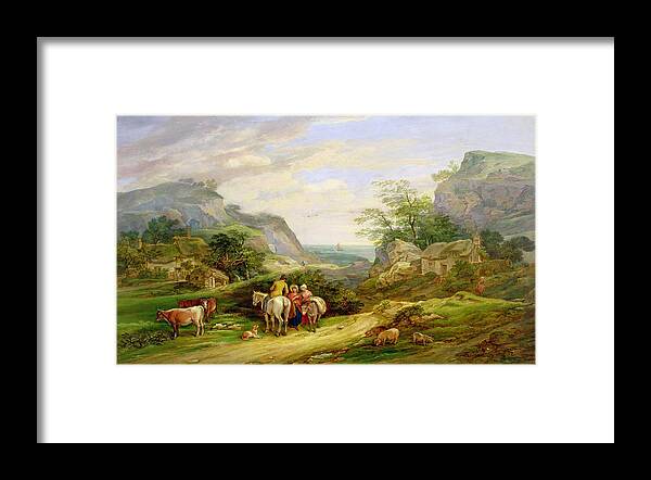 Landscape Framed Print featuring the painting Landscape with figures and cattle by James Leakey