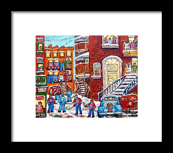 Montreal Framed Print featuring the painting Laneway Hockey Denty Moore Diner Winter Staircase Montreal Memories Canadian Hockey Art C Spandau  by Carole Spandau