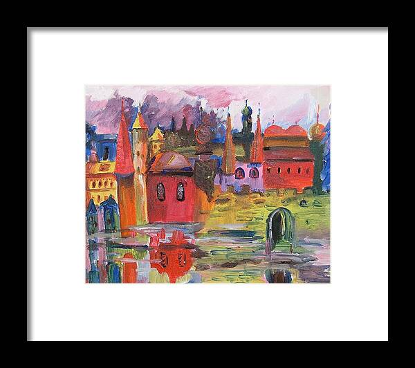 Landscape Framed Print featuring the painting Lanscape with red houses by Rita Fetisov