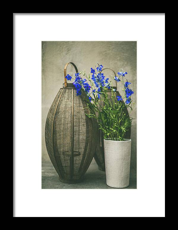 Botanical Framed Print featuring the photograph Lanterns and blue flowers by Yancho Sabev Art