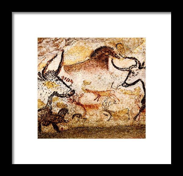 Lascaux Framed Print featuring the digital art Lascaux Hall of the Bulls - Deer between Aurochs by Weston Westmoreland