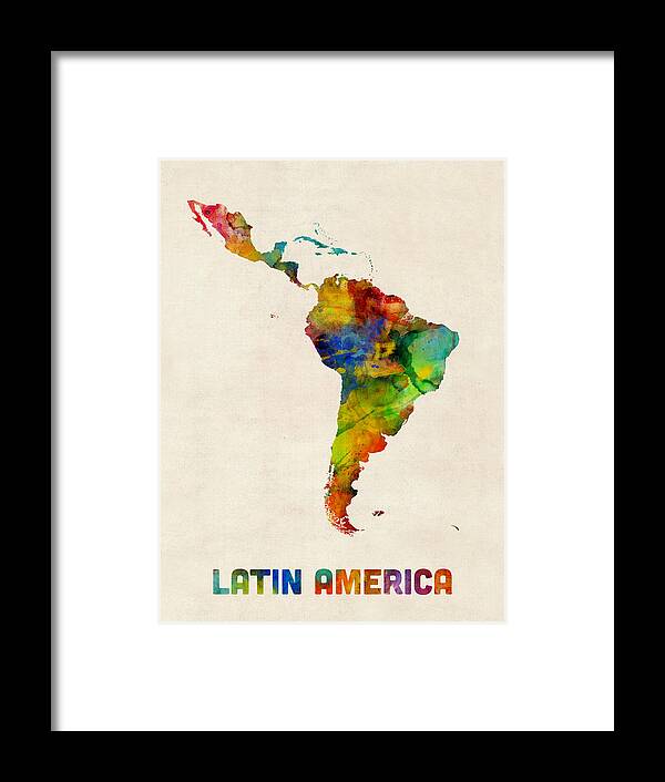 South America Map Framed Print featuring the digital art Latin America Watercolor Map by Michael Tompsett