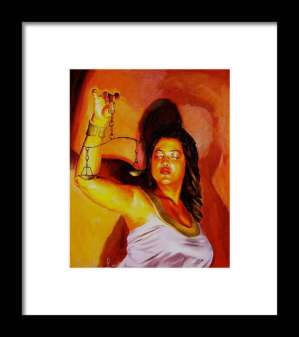 Law Art Framed Print featuring the painting Latina Lady Justice by Laura Pierre-Louis