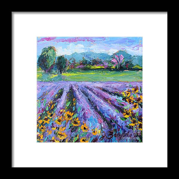 Impressionist Lavender Field Framed Print featuring the painting Lavender and Sunflowers in Bloom by Jennifer Beaudet