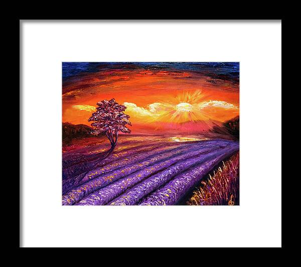 Lavender Framed Print featuring the painting Lavender field at Sunset by Lilia S