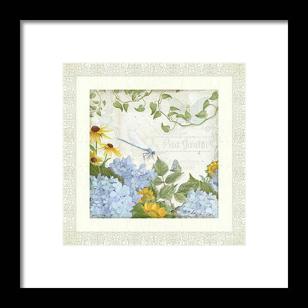 Le Petit Jardin Framed Print featuring the painting Le Petit Jardin 2 - Garden Floral W Dragonfly, Butterfly, Daisies And Blue Hydrangeas w Border by Audrey Jeanne Roberts