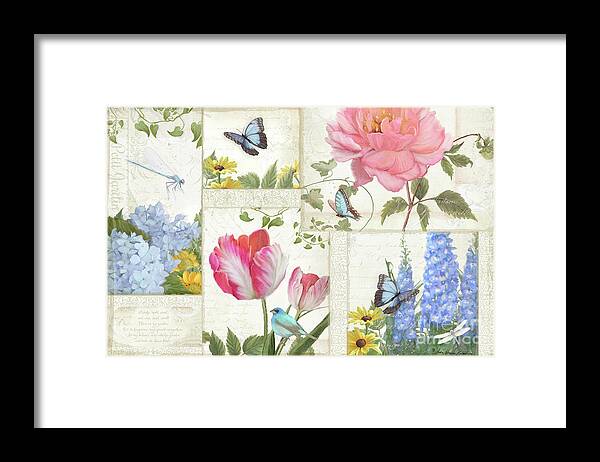 Collage Framed Print featuring the painting Le Petit Jardin - Collage Garden Floral w Butterflies, Dragonflies and Birds by Audrey Jeanne Roberts