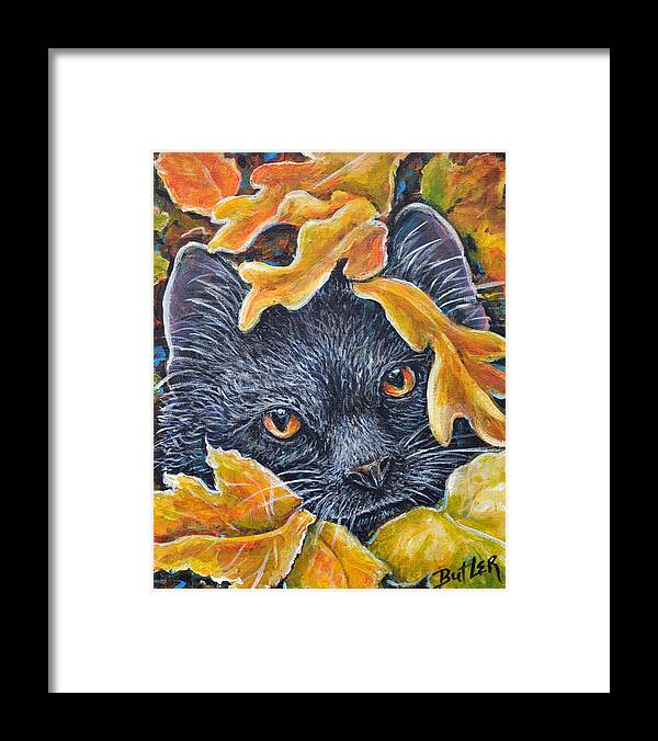 Fall Cat Kitten Black Leaves Leaf Orange Framed Print featuring the painting Leaf Jumper by Gail Butler