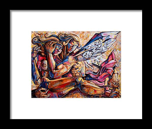 Surrealism Framed Print featuring the painting Lean on me by Darwin Leon