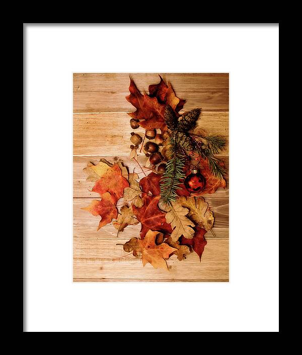 Leaves Framed Print featuring the photograph Leaves and Nuts and Red Ornament by Rebecca Cozart