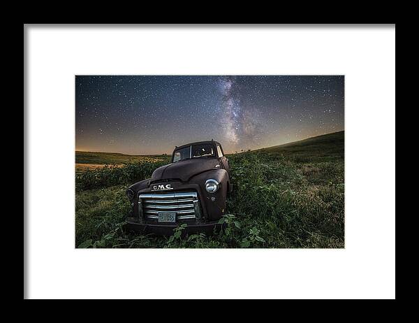 Usa Truck Top Pierre Abandoned Space Decay Rural Farm Forgotten Rust Astronomy Chrome Milky Way Framed Print featuring the photograph Left to Rust by Aaron J Groen