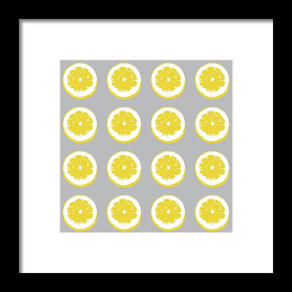 Lemons Framed Print featuring the mixed media Lemon Slices on Grey- Art by Linda Woods by Linda Woods