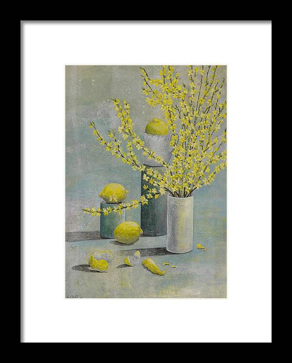 Lemons Framed Print featuring the painting Lemons and Forsythia by Sandy Clift