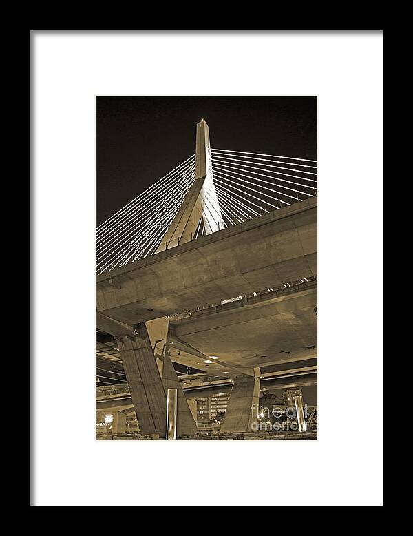 Leonard P. Zakim Bunker Hill Bridge In Sepia Framed Print featuring the photograph Leonard P. Zakim Bunker Hill Bridge in Sepia by Michael Tidwell