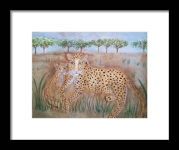 Whimsical Leopard With Cub Framed Print featuring the painting Leopard with cub by Susan Nielsen