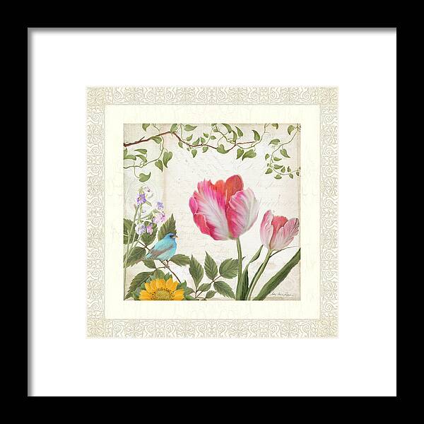 Parrot Tulip Framed Print featuring the painting Les Magnifiques Fleurs I - Magnificent Garden Flowers Parrot Tulips n Indigo Bunting Songbird by Audrey Jeanne Roberts