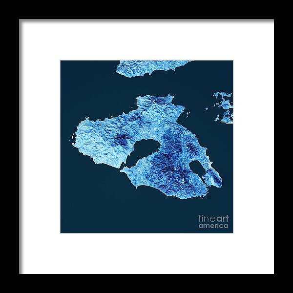 Lesbos Framed Print featuring the digital art Lesbos Island Topographic Map Blue Color Top View by Frank Ramspott