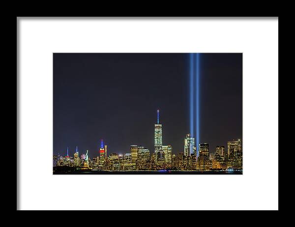 Tribute In Light Framed Print featuring the photograph Liberty, Empire, WTC and the Tribute in Light by Mark Rogers