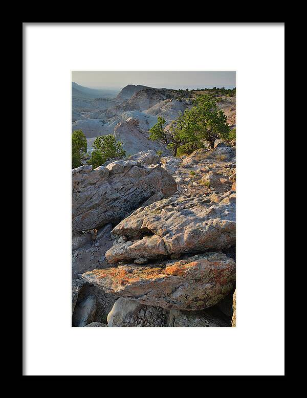 Little Park Road Bentonite Site Framed Print featuring the photograph Lichen Covered Boulders Above Bang's Canyon by Ray Mathis
