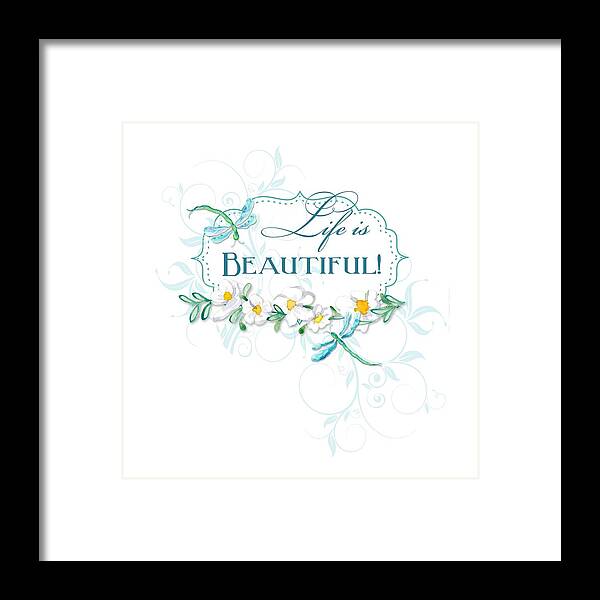 Dragonfly Framed Print featuring the painting Life is Beautiful - Dragonflies n Daisies w Leaf Swirls n Dots by Audrey Jeanne Roberts