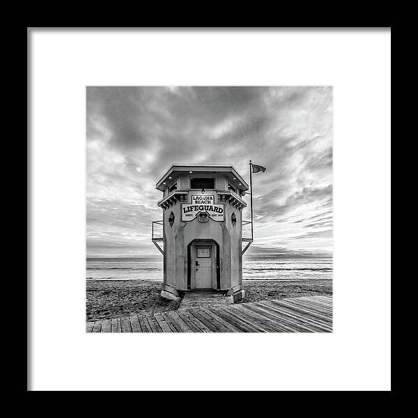 Laguna Beach Framed Print featuring the photograph Lifeguard station in black and while by Cliff Wassmann