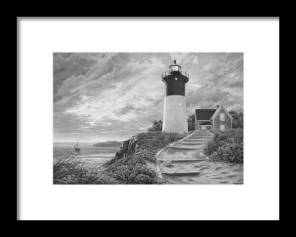 Beach Framed Print featuring the painting Lighthouse at Sunset - Black and White by Lucie Bilodeau