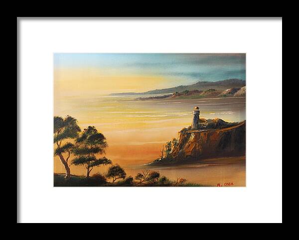 Sunset Framed Print featuring the painting Lighthouse at Sunset by Remegio Onia