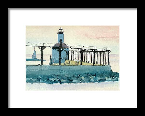 Lighthouse Framed Print featuring the painting Lighthouse in Michigan City by Lynn Babineau
