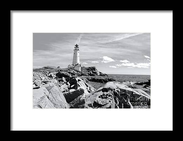 Landscape Framed Print featuring the photograph Lighthouse Seascape in Black and White by Beth Myer Photography