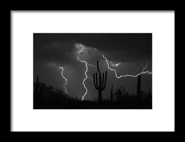 Saguaro Framed Print featuring the photograph Lightning Storm Saguaro Fine Art BW Photography by James BO Insogna