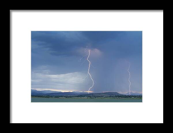 July Framed Print featuring the photograph Lightning Striking At Sunset Rocky Mountain Foothills by James BO Insogna