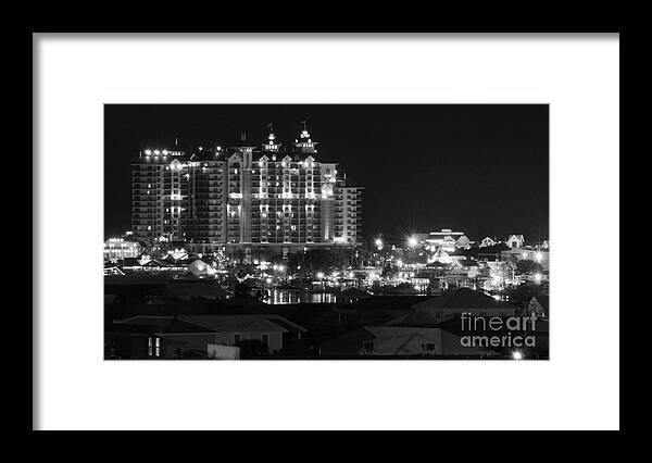 Destin Framed Print featuring the photograph Lights of Destin Florida Entertainment District at Night Black and White by Shawn O'Brien