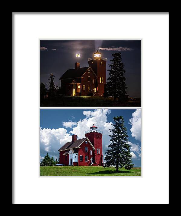 Lighthouse Mn Minnesota Two Harbors Lake Superior North Shore Night Day Moon Moonlight Spotlight Full Moon Historical Maritime Shipping Ship Navigation Safety Danger Warning Framed Print featuring the photograph LIke Night and Day - Two Harbors MN Lightouse by Peter Herman