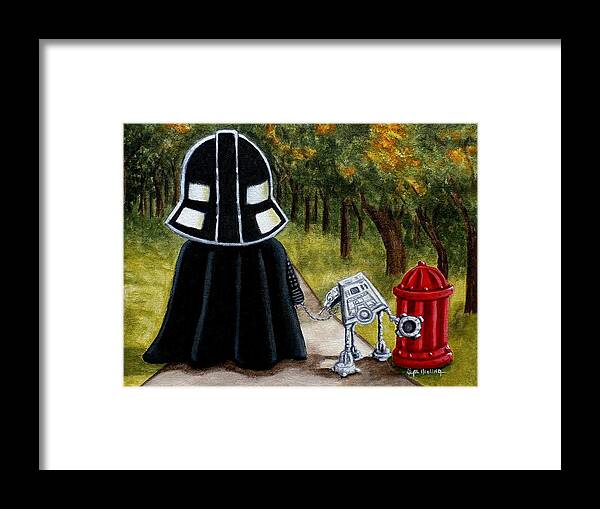 Darth Vader Framed Print featuring the painting Lil Vader walking his At At by Al Molina