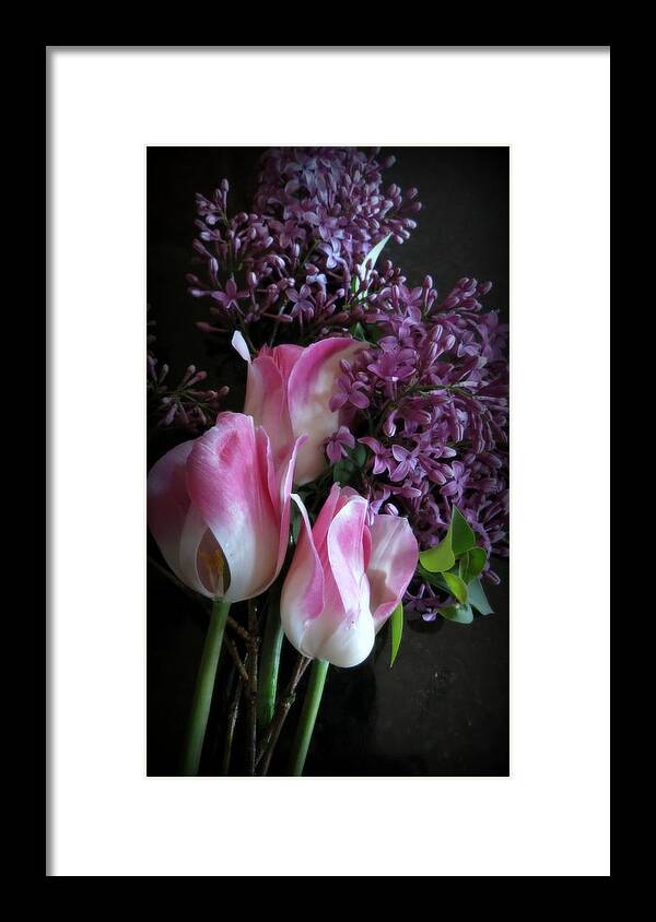 Lilacs Framed Print featuring the photograph Lilacs And Tulips by Kay Novy