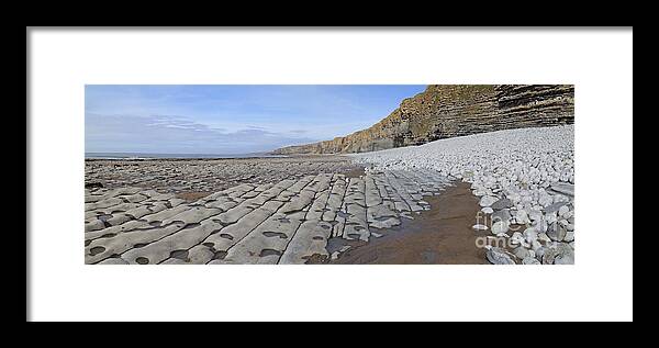 Limestone Framed Print featuring the photograph Limestone rocky beach panorama by Warren Photographic