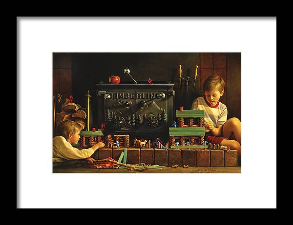 Fireplace Framed Print featuring the painting Lincoln Logs by Greg Olsen