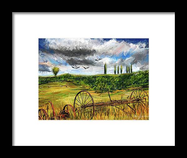 Vintage Tractor Framed Print featuring the painting Lingering Memories Of The Past - Pastoral Artwork - Antique and Vintage Farm Equipment by Lourry Legarde