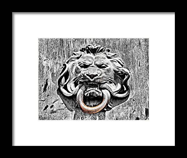Door Knocker Framed Print featuring the photograph Lion and The Snake by Greg Sharpe