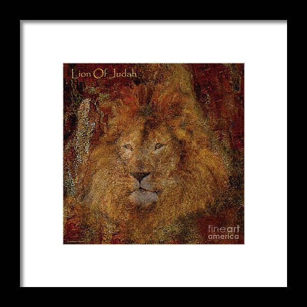 Lion; Judah; Prophetic; Art; Tribe; Jesus; Christ; Royal; Majestic; Fierce; Courage; Revelation; Square; Rock; Glory; Zion; Of; Gold; Red; Orange; Auburn; Russet; Autumn; Colors; Abstract; Transparent; Canvas; Print; Constance; Woods; Texas; Identity; Destiny; Hebrew; Israel; Jewish; Image; Spiritual; Christian; Artist;  Framed Print featuring the digital art Lion Of Judah square by Constance Woods