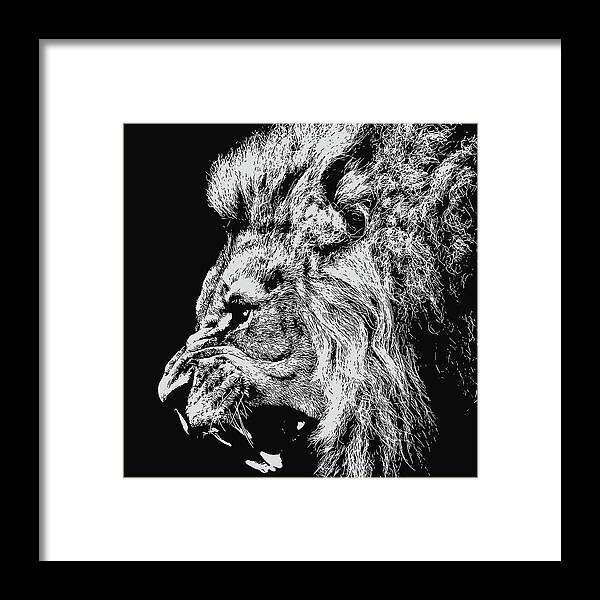 Lion King Framed Print featuring the painting Lion Roaring - Monochrome Portrait by AM FineArtPrints