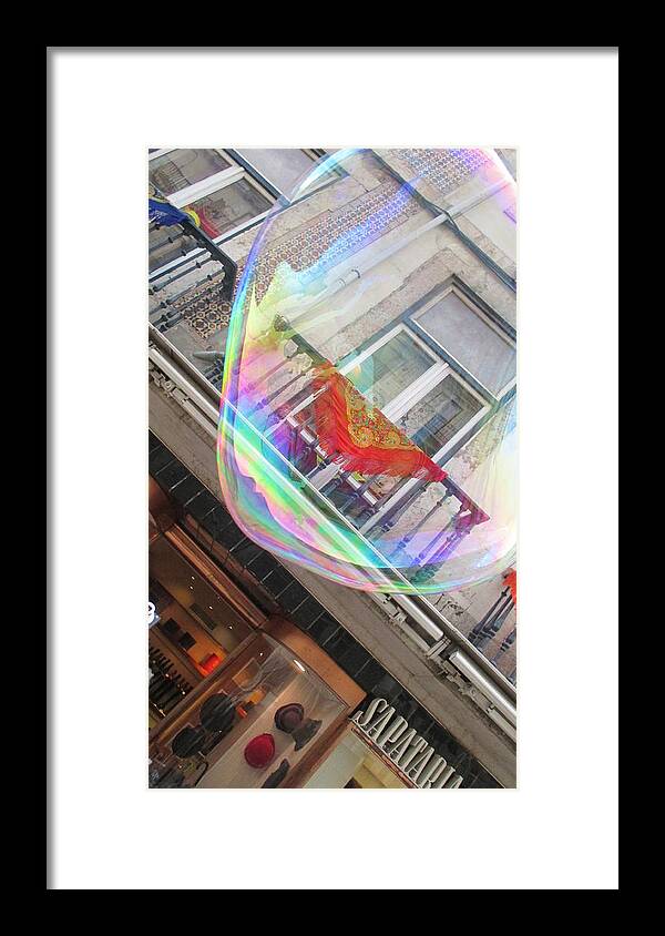 Lisbon Framed Print featuring the photograph Lisbon seen through a soap ball by Anamarija Marinovic
