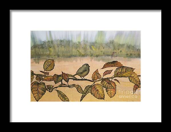 Bird Framed Print featuring the tapestry - textile Little Bird on a Branch by Carolyn Doe