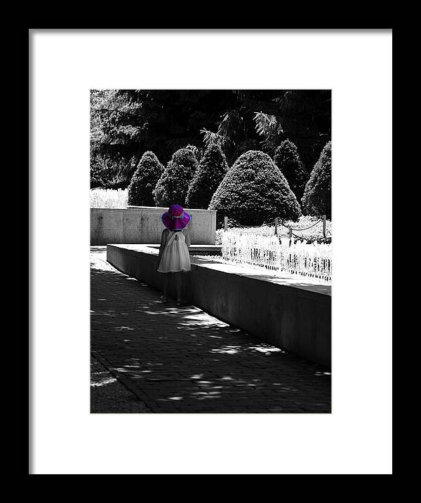 Selective Coloring Framed Print featuring the photograph Little Girl in Magenta Hat Black and White Selective Color by Colleen Cornelius