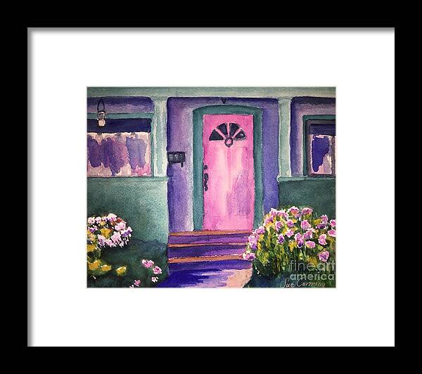 Summer Framed Print featuring the painting Little House with Pink Door by Sue Carmony