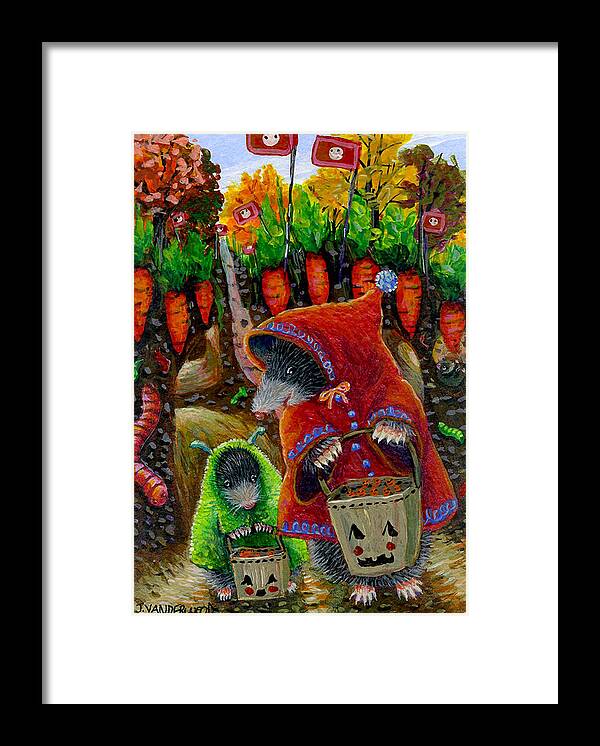 Mole Framed Print featuring the painting Little Red Riding Mole and Little Green Monster Mole by Jacquelin L Vanderwood Westerman
