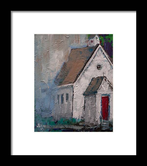 White Church Painting Framed Print featuring the painting Little White Church on the Corner Christian Painting by Gray Artus
