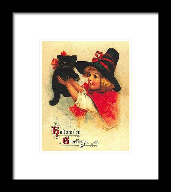 Little Witch Framed Print featuring the mixed media Little witch girl with black cat by Long Shot