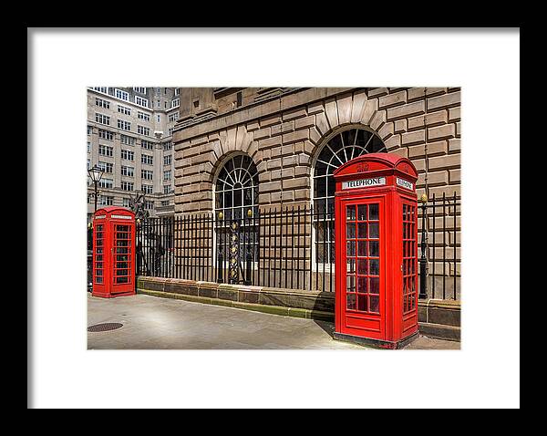 England Framed Print featuring the photograph Liverpool Telephone Boxes by Georgia Clare