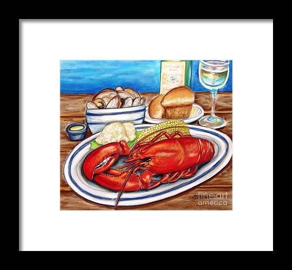 Kitchen Framed Print featuring the pastel Lobster Dinner by Pat Davidson